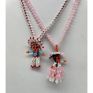 Vtg American Indian Seed Bead Necklaces Figurine Pendants Red/White & Pink/White